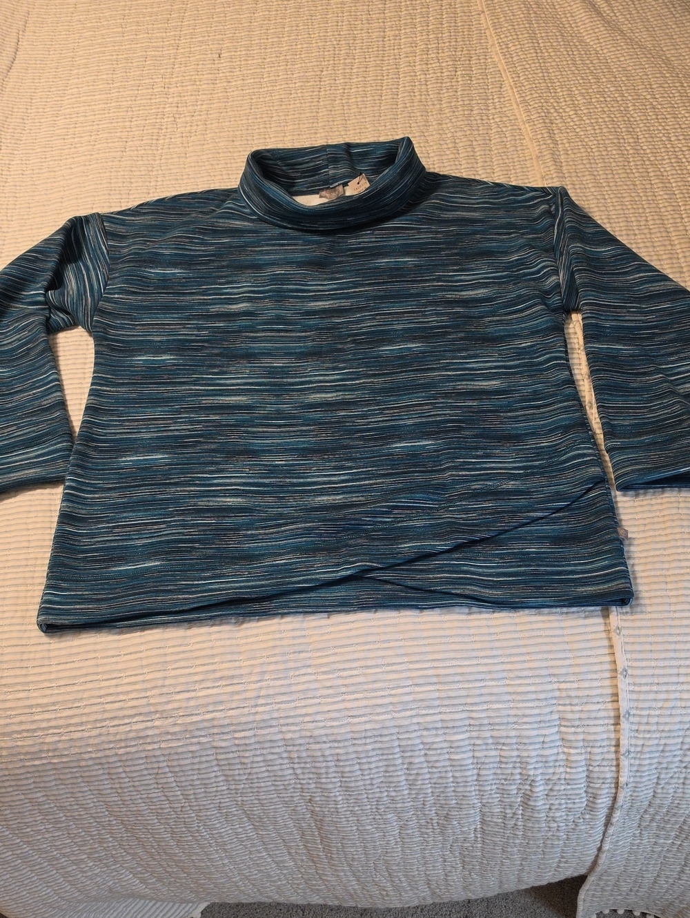 Talbots Teal and White Striped Mock Neck Top
